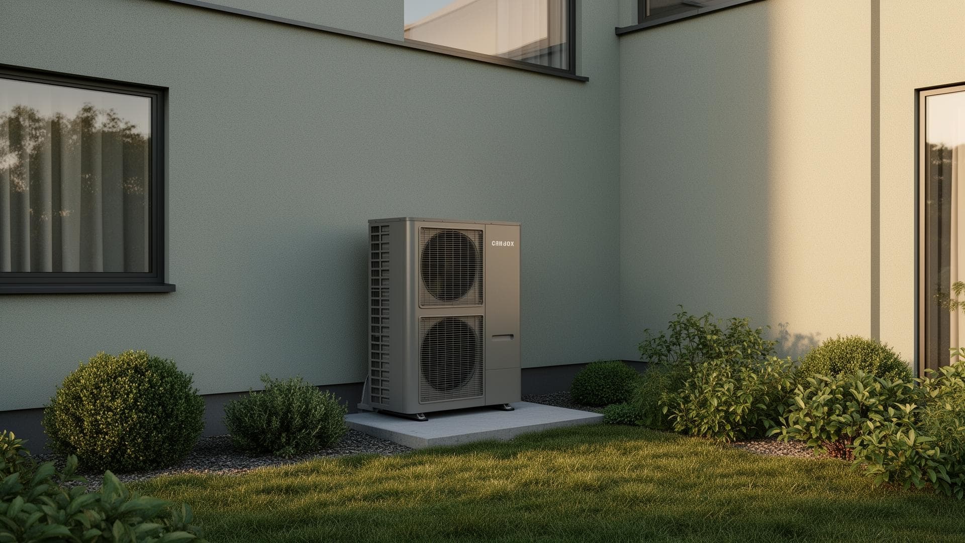 Varmepumpens udedel monteret ved en moderne bolig